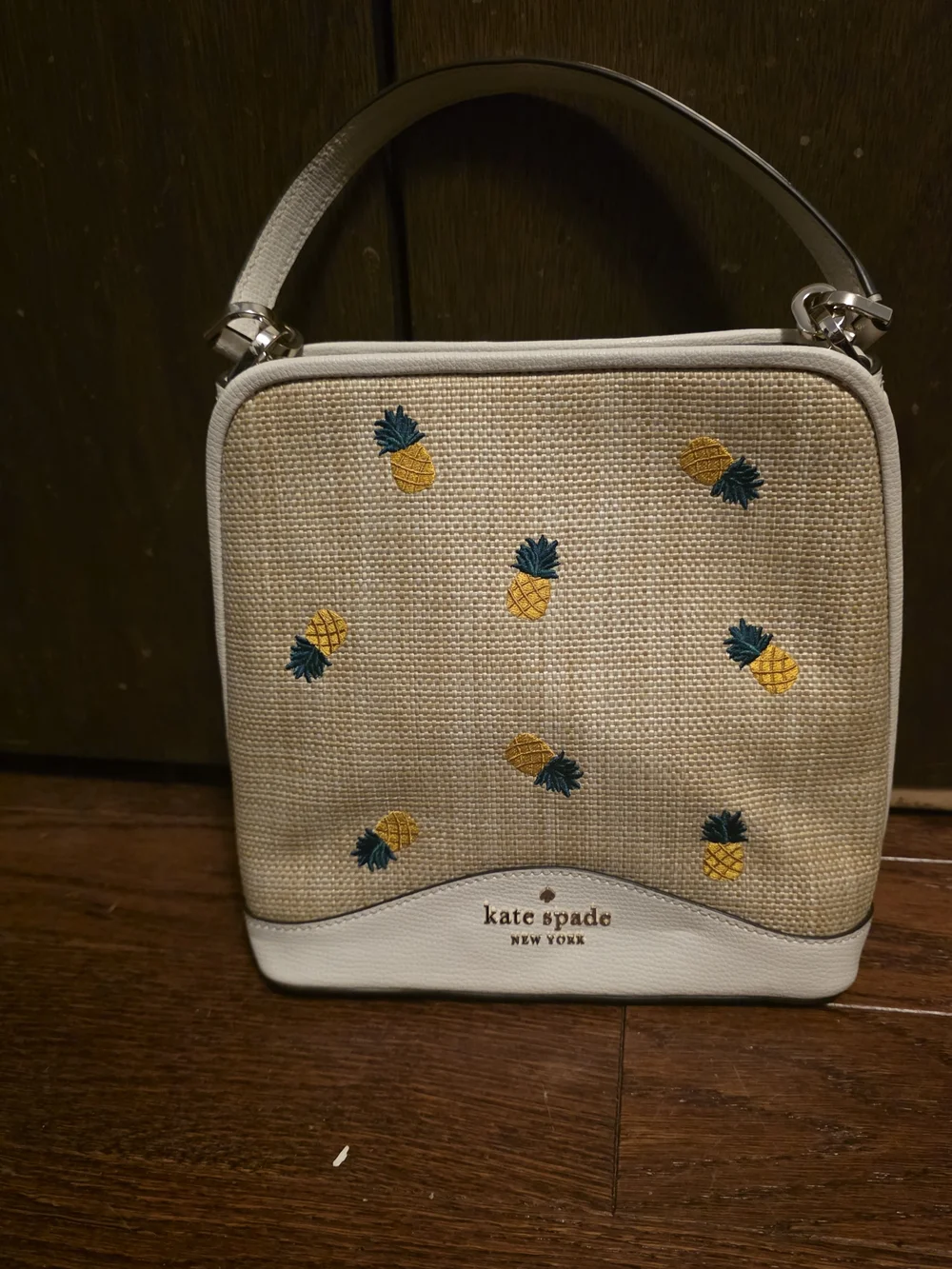 kate spade White Straw Mini Top-Handle Bag with Yellow Pineapple Embroidery